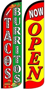 Tacos Now Open Windless Standard Size Swooper Flag Sign Banner Pk of 2 - Picture 1 of 1