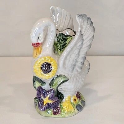 Винтажный глазурованный керамический лебедь с цветами подсвечник подсвечник - Изображение 1 из 4