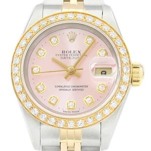 Rolex Ladies Datejust 69173 18K Yellow Gold & Steel Pink Dial Diamond Watch - Picture 1 of 7