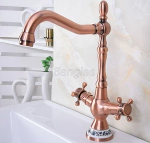 Antique Red Copper Bathroom Faucet Double Handle Hot-Cold Mixer Mixer Tap 8nf614 - Picture 1 of 7