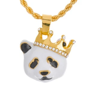 Hip Hop Iced Gold Silver Plated Crown Panda Mini Pendant 20 inch Necklace HC 341 - Picture 1 of 6