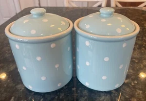 Spode Baking Days Blue & White Polka Dot Cookie Jar Canister 7” x 5.5” SET of 2 - Picture 1 of 6