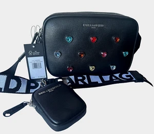 NWT $198 KARL LAGERFELD PARIS 2 ZIP CAMERA CROSSBODY LEATHER BAG W/JEWELS - Picture 1 of 5
