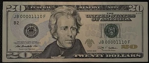 $20 TRUE BINARY LOW 4 DIGIT 5 OF A KIND FANCY SERIAL NUMBER (00001110) - Picture 1 of 3