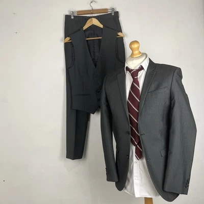 NEXT 3 Piece Suit Men's 36R Dark Grey Striped 30W 33L Slim Fit Trousers - Image 1 of 4