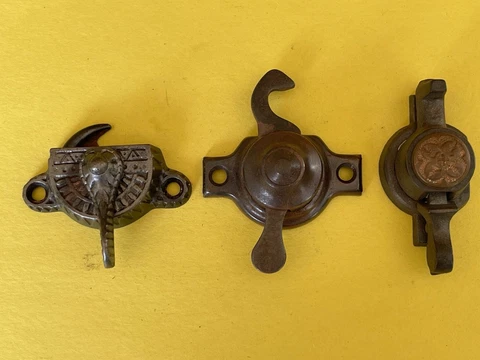 Lot of 3 Antique Victorian Cast Iron Window Shutter Fasteners Salvage #1125 Cover