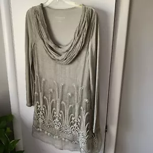 Top tunica donna seta ricamata morbidi dintorni taglia M collo cappuccio paillettes boho - Foto 1 di 5