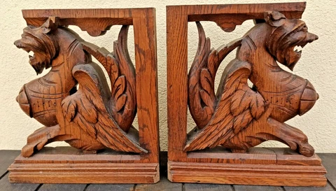 Antique PAIR French Pillars Wood Carved Gothic Griffin Dragon Lion Cabinet 19th Cover
