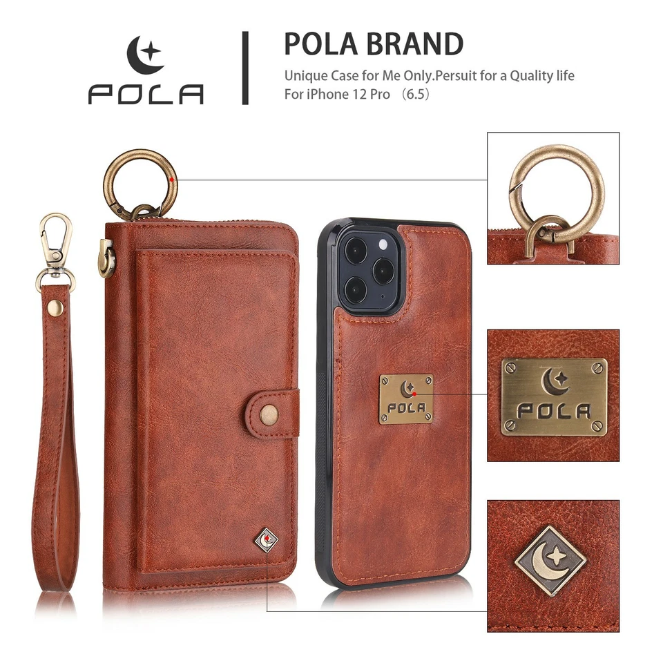 Para iPhone 17 16 15 14 Pro Max Mujeres Cartera Cuero Cremallera Desmontable Cartera Estuche Foto 1 de 4