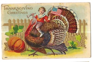 BOY RIDING TURKEY Horn Flag Pumpkin THANKSGIVING GREETINGS Postcard DB - Picture 1 of 2