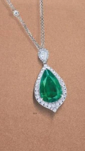 925 Sterling Silver Chain Necklace Womens Green Pear Drop White Round Halo Style - Picture 1 of 5