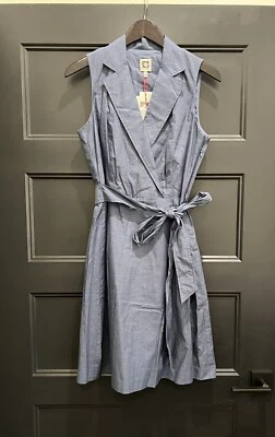 Vestido Ann Klein Azul Imitación Corbata Envolvente Sin Mangas con Bolsillos 8 Nuevo con Etiquetas $119 Foto 1 de 4