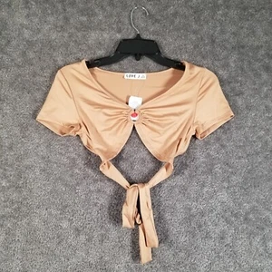 Love J Women Sz S Crop Top Beige NWT Slim Short Sleeve V-Neck Tie Casual T-Shirt - Picture 1 of 9