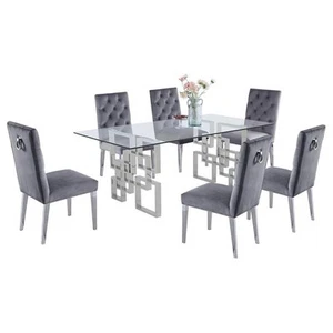Rectangular Clear Glass 7pc Dining Set with Silver Stainless Steel Base - Picture 1 of 4