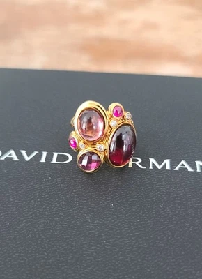 New David Yurman 18K Mosaic Diamond Ruby, Garnet, Tourmaline yellow gold ring 6  - Image 1 of 4