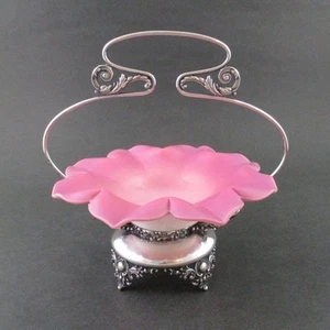 Antique 'mini' BRIDE'S BASKET - 8 Petal PEACHBLOW Bowl - HOMAN #963 Quad Silver - Picture 1 of 16