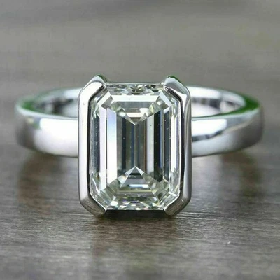 Lab-Created 2Ct Emerald Cut Diamond Bezel Wedding Ring 14k White Gold Plated - Image 1 of 4