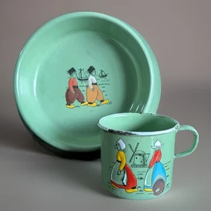 Vtg Porcelain Enamel Childs Dish Set Cup Bowl Germany Green Sailboats 1940s - Picture 1 of 19