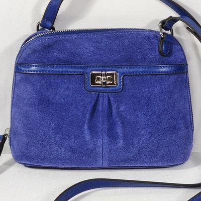 B. Makowsky Maisie Crossbody Handbag Blue Suede Zip Around Leather Trim Turnlock - Image 1 of 4