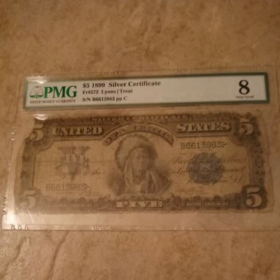 1899 United States $5 Five Dollars SILVER Certificate Paper Money PMG Graded 8 - Image 1 of 4