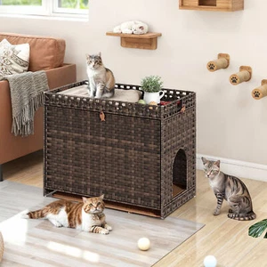 Rattan Hidden Cat Litter Box Enclosure Soft Litter Mat Large Handwoven Cat House - Picture 1 of 13