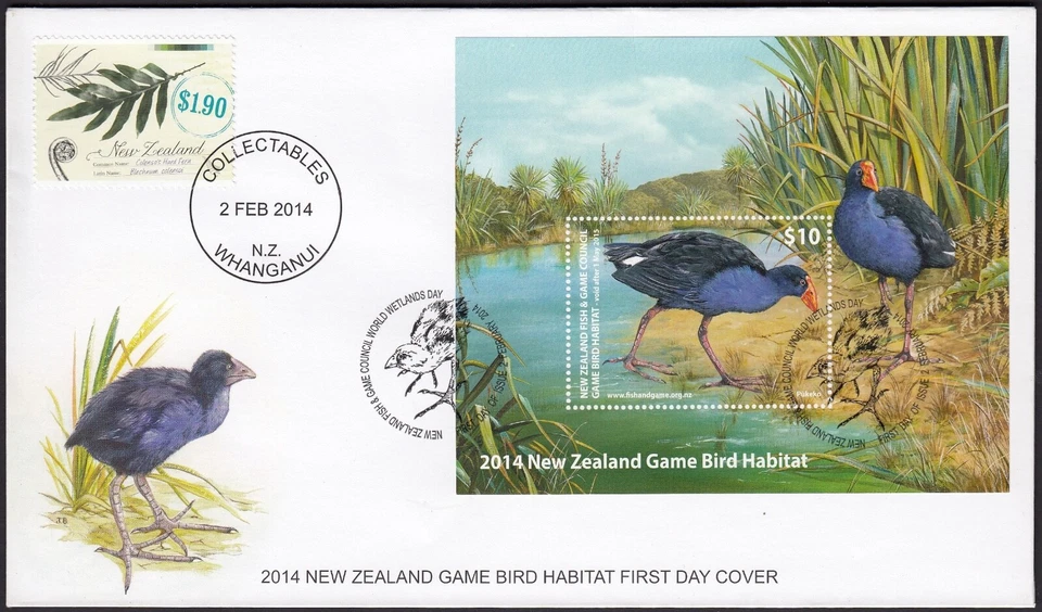 NEW ZEALAND 2014 Game Bird Habitat $10 Pukeko M/S on FDC - Image 1 of 1