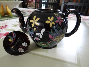 Vintage Black Tea Pot Hand Painted Enameled Flowers England Red Clay - Picture 1 of 13