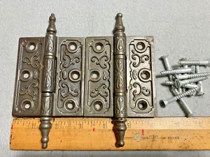 Pair Set 2 Antique Original Victorian Ornate Cast Iron 3 1/2 X 3 Door Hinges - Picture 1 of 4