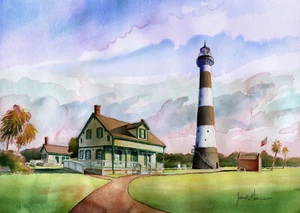 Cape Canaveral Leuchtturm Landschaft, Florida. James Mann Aquarell Kunstdrucke - Bild 1 von 2