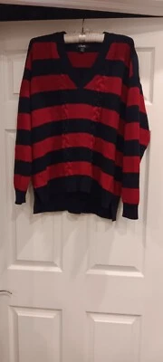 Suéter para mujer rojo y azul marino a rayas con cuello en V talla XL Foto 1 de 4