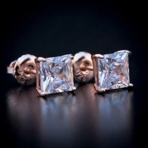 Men’s Rose Gold PlatedSolitaire Princess Cut Pink Screw Back Stud Earrings  - Picture 1 of 4