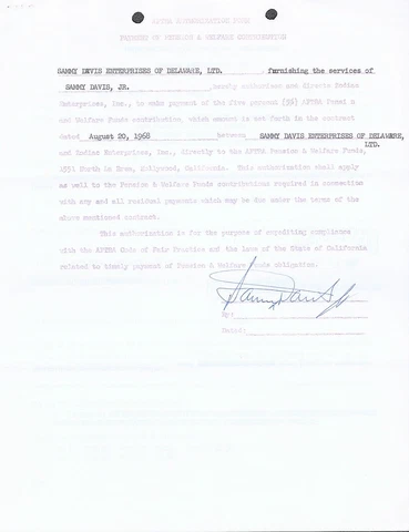 SAMMY DAVIS JR Signed Autograph AFTRA Contract JSA LOA Cover