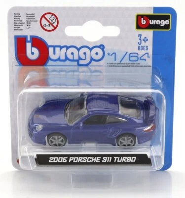 MODELLINO AUTO STATICO BURAGO PORSCHE 911 997 TURBO COUPE 2006 BLU SCALA 1/64 - Immagine 1 di 4