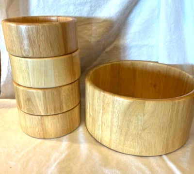 Vintage Pfaltzgraff  Wood SALAD SERVING Bowl w/ 4 Small Bowls SET - Image 1 of 4