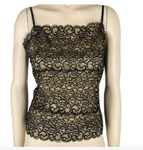 NUEVA SIN ETIQUETAS JOSIE NATORI NEGRO Y ORO METÁLICO CAMISA DE ENCAJE FLORAL ELÁSTICA TALLA M - Imagen 1 de 5