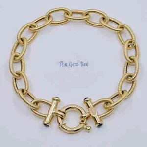 14K Yellow Gold Twisted Engraved Cable Chain 7" bracelet Sailor Clasp Sapphire - Picture 1 of 10