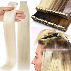 BLONDE Hair Extensions Tape In Russian 100% Human Remy Full Head Thick Skin Weft - Picture 1 of 43