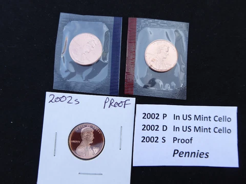 2002 Lincoln Cent 3 Coin Set- S(Proof), P & D in US Mint Cello -	FREE SHIPPING!! Cover