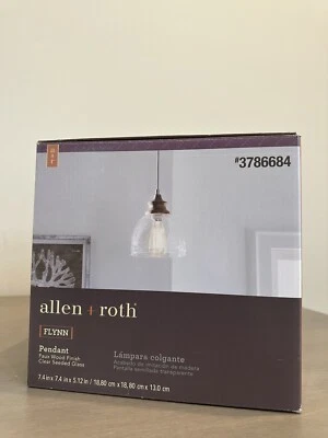 Hanging Light by Allen+Roth; Flynn; Pendant Faux Wood Finish Clear Seeded Glass - Image 1 of 3