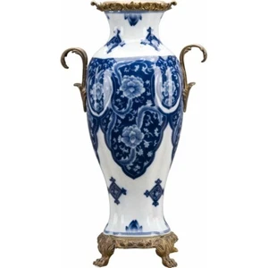 PORCELAIN BLUE AND WHITE QIPAO VASE WITH BRONZE ORMOLU MOUNTS 17.5" - Picture 1 of 2