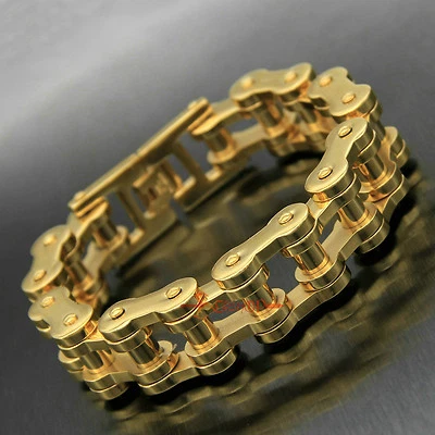 Men's Gold Stainless Steel Bike Motorcycle Chain Bracelet Highly Polished 20mm - Imagem 1 de 4