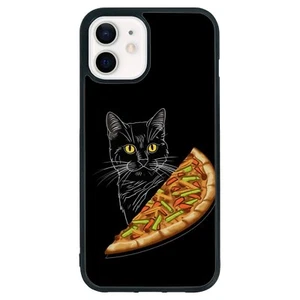 For Samsung Galaxy Apple iPhone black cat eat pizza Case Friendly - Picture 1 of 25