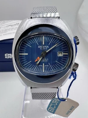 New Old Stock Rare Vintage Sicura by Breitling Mechanical Alarm UFO Shape Blue - Image 1 of 4