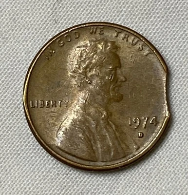 Centavo Lincoln 1974 D planchet recortado Foto 1 de 2
