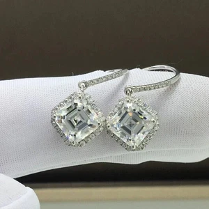 2CT Asscher Cut Lab Created Diamond Halo Dangle Earrings 14K White Gold Plated - Picture 1 of 5
