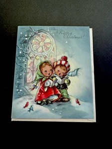 1 VTG Xmas Greeting Card Cute Boy & Girl Caroling Outside Church W/ Birds In ❄️ - Picture 1 of 3