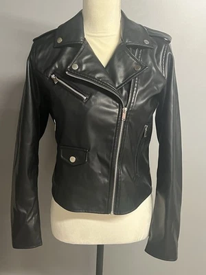 Nine West X 码小号人造皮革拉链摩托车夹克黑色衬里柔软 — 第 1/4 张图片