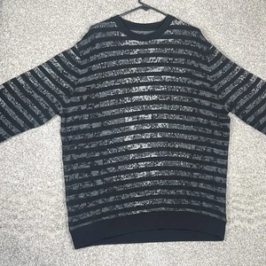 AllSaints Sweater Mens Large Black Grey Striped Long Sleeve Crewneck Pullover - Picture 1 of 8