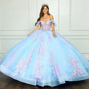 Sky Blue Quinceanera Dresses Shiny Lace Appliques Prom Ball Gowns Sweet 15 16 - Picture 1 of 11