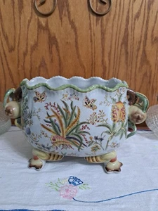 WL 1895 Wong Lee crackled Porcelain Footed Planter Butterflies Floral Large MINT - Picture 1 of 11